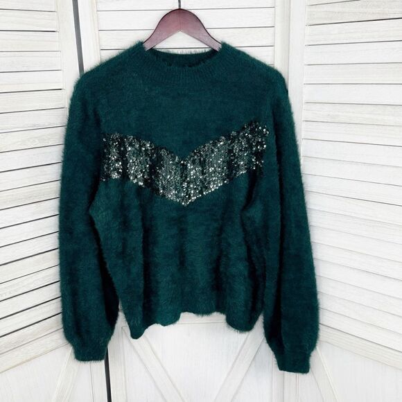 Nine West x Cara Santana Sweater Sequin Fuzzy Teal Green XXL Pullover - Picture 8 of 13